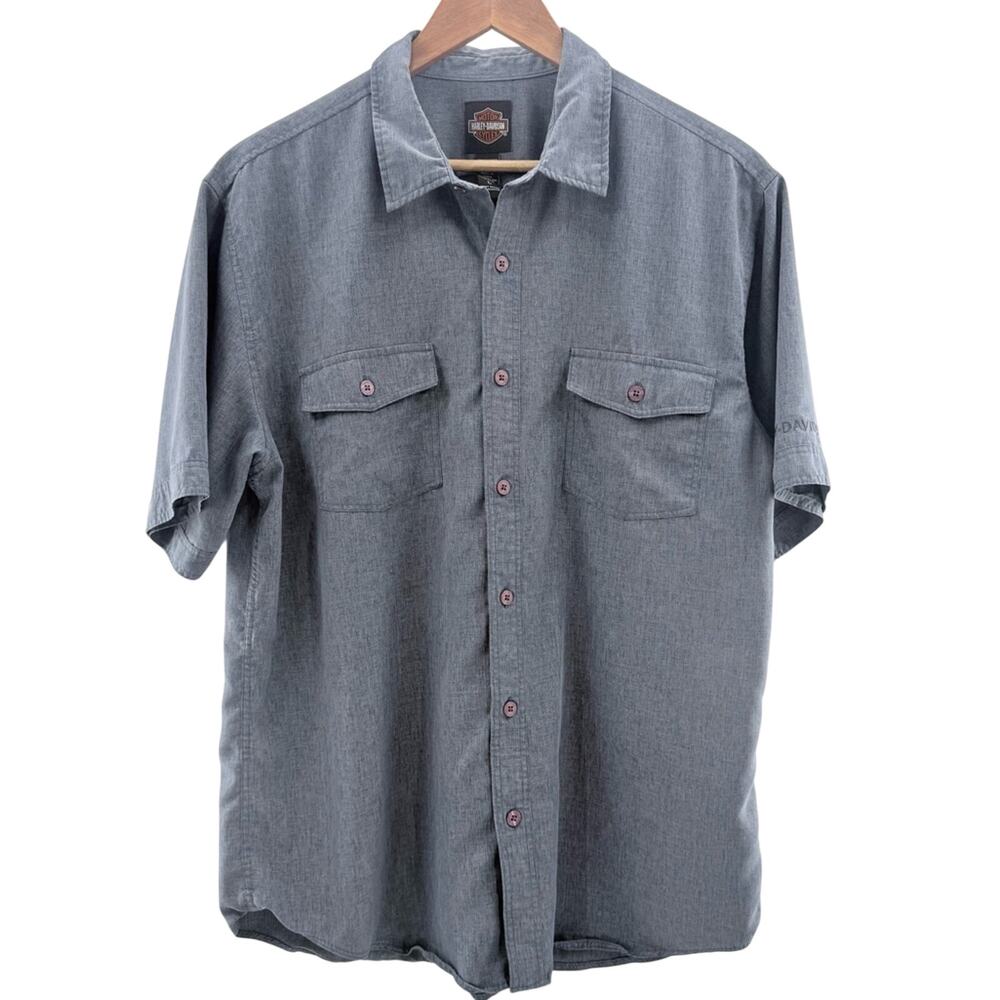 Harley Davidson Men’s Button Down Short Sleeve Shirt Blue Biker Streetwear Large